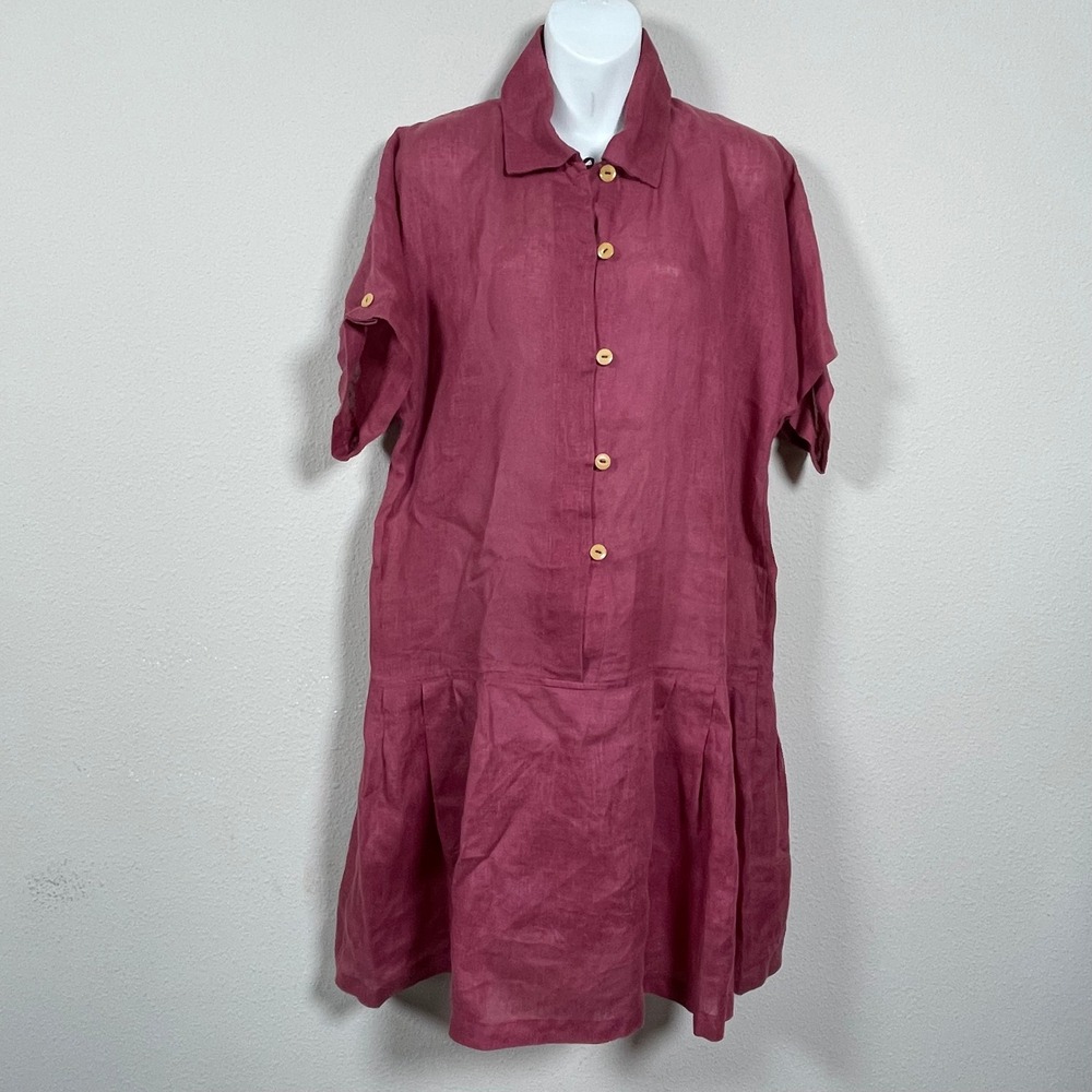 su-zen Shirt Dress L Berry Red Relaxed Coastal Lagenlook Linen Dropped Waist